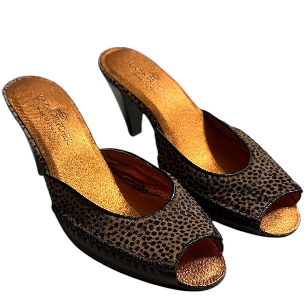 Linda Pritcher Italian Cheetah Print Haircalf Slides Heels 37 Size 7 US Brown